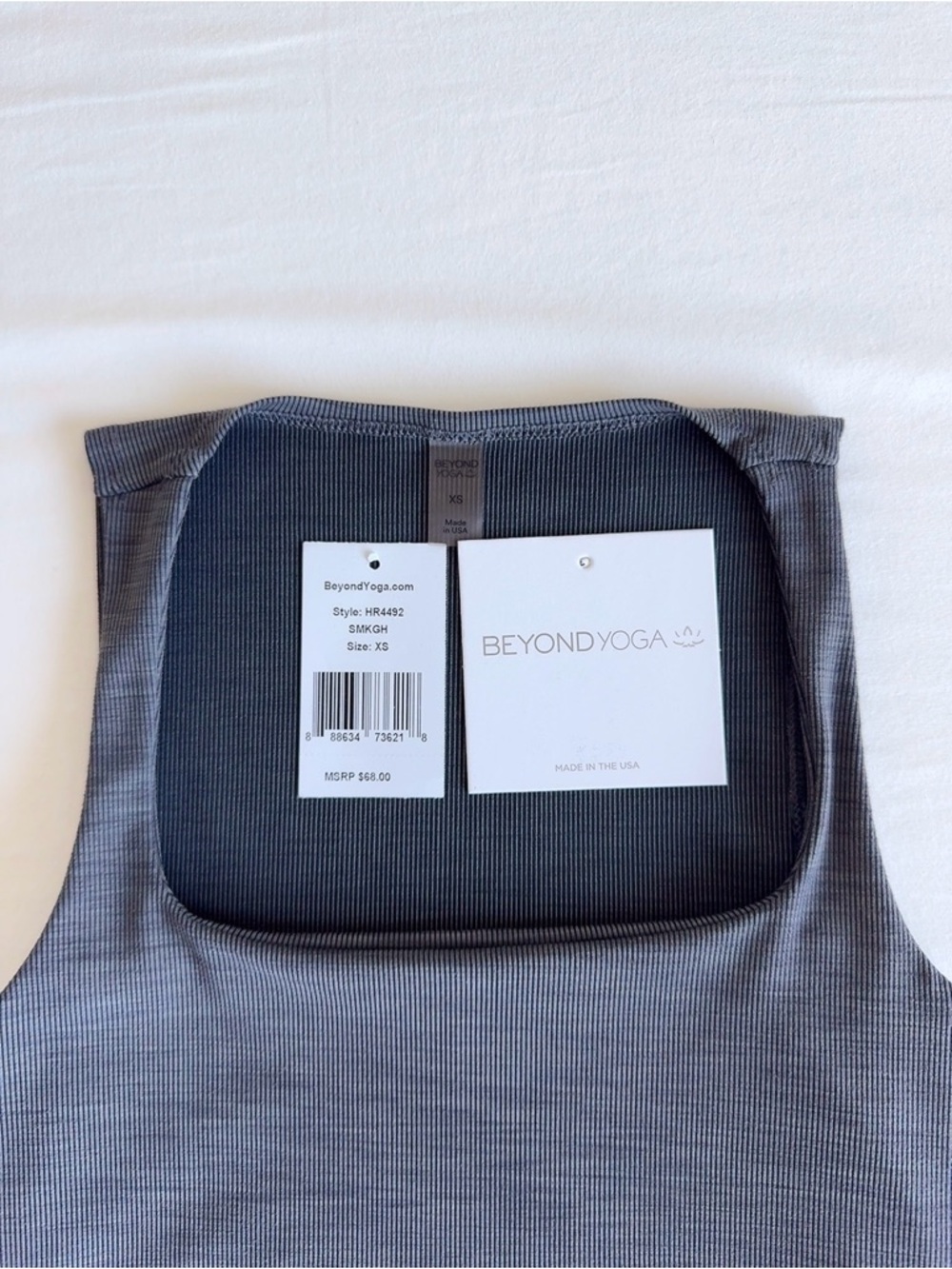 Beyond Yoga Heather Rib Square Neck Cropped Tank Smoke Grey XS - Picture 3 of 13